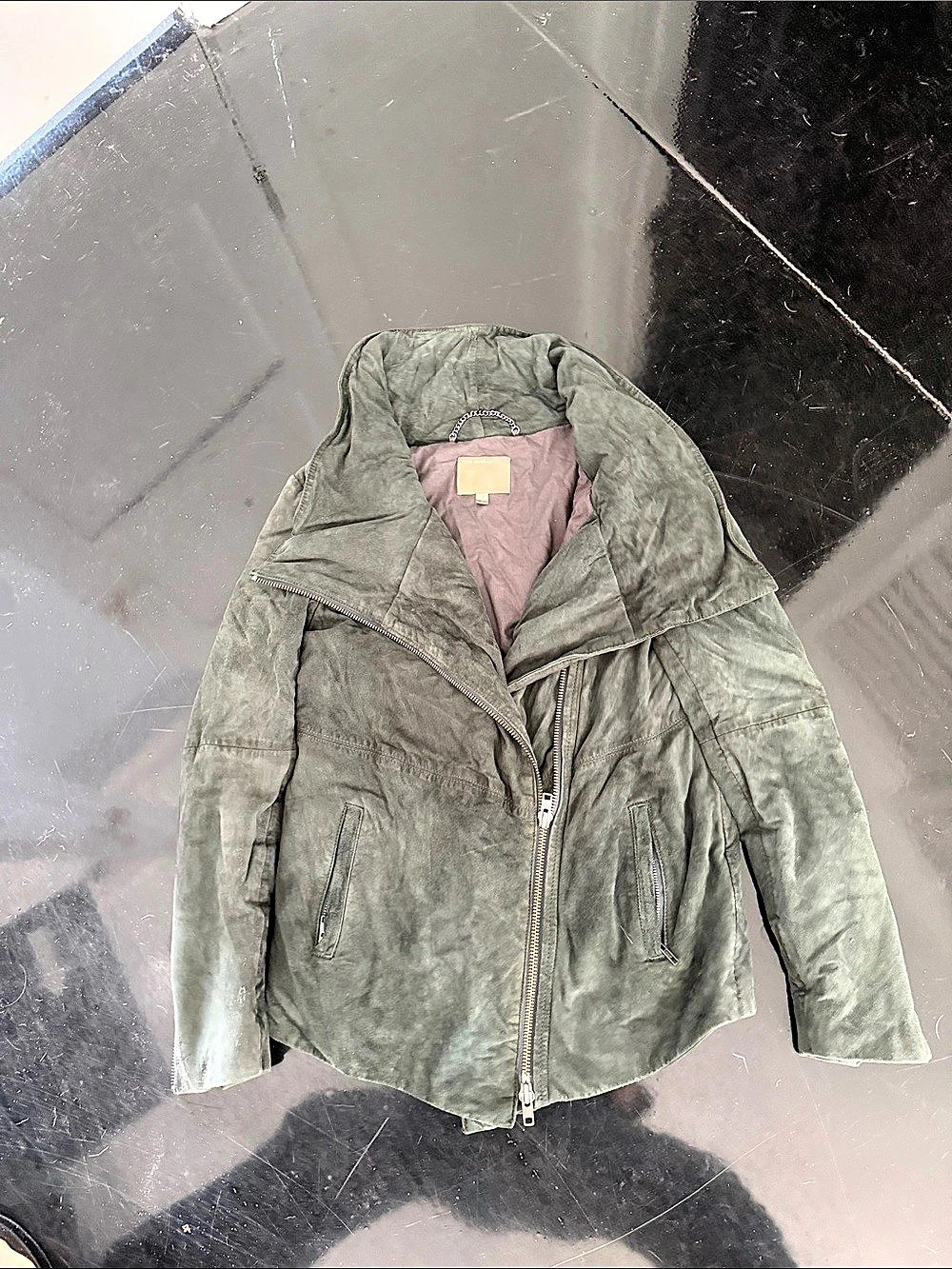MUUBAA Leather Asymmetrical Zip Jacket in Green Size 6